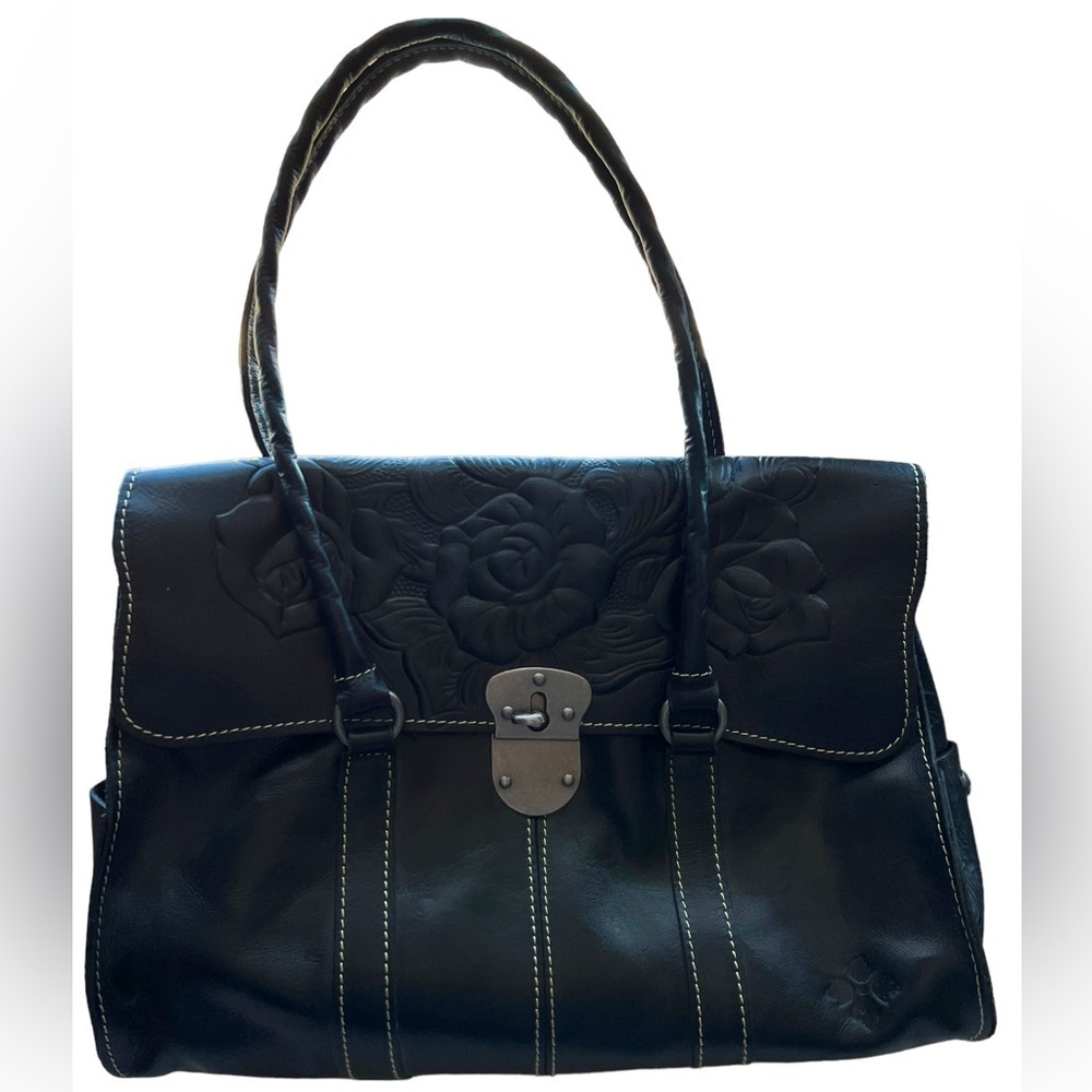 PATRICIA NASH Vienna Black Embossed Rose Tooled Turnlock Satchel Handbag